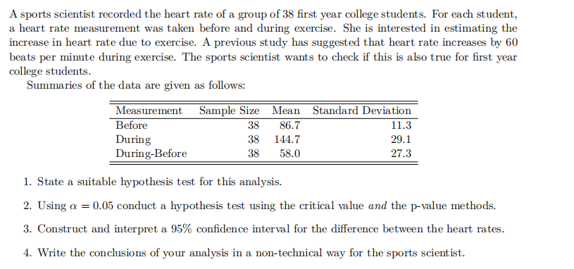 Solved A sports scientist recorded the heart rate of a group | Chegg.com