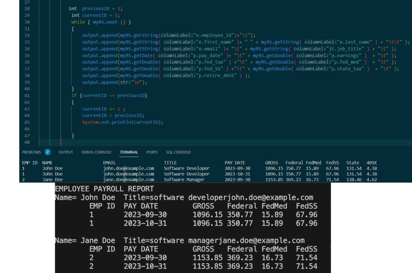 Hello, I am trying to format this java code in sql | Chegg.com