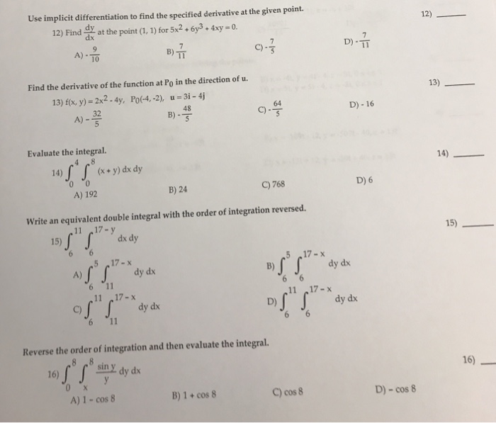 Solved Use Implicit Differentiation To Find The Specified | Chegg.com