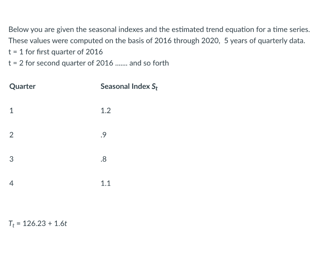 Solved Below You Are Given The Seasonal Indexes And The | Chegg.com