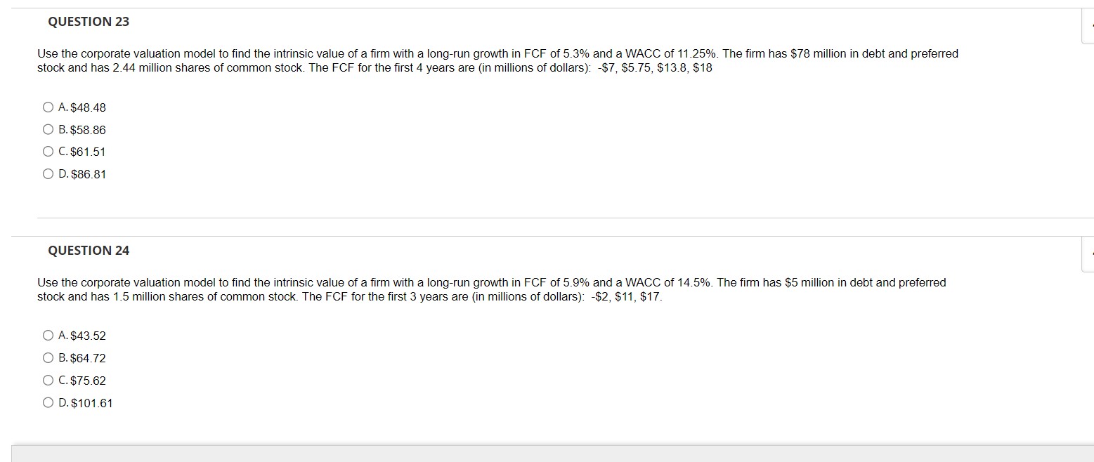 Solved Use the corporate valuation model to find the | Chegg.com