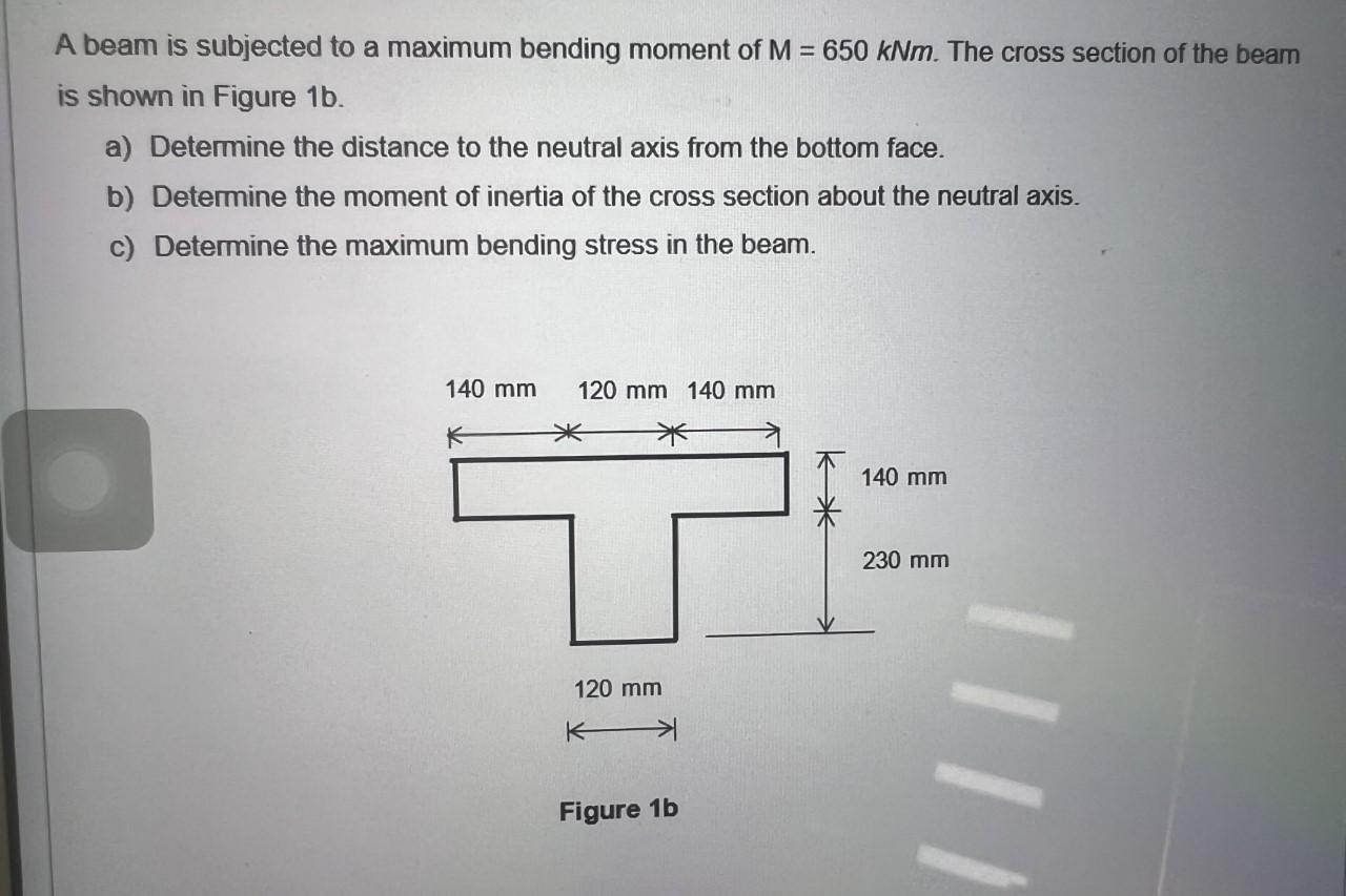 A beam is subjected to a maximum bending moment of \( M=650 \mathrm{kNm} \). The cross section of the beam is shown in Figure
