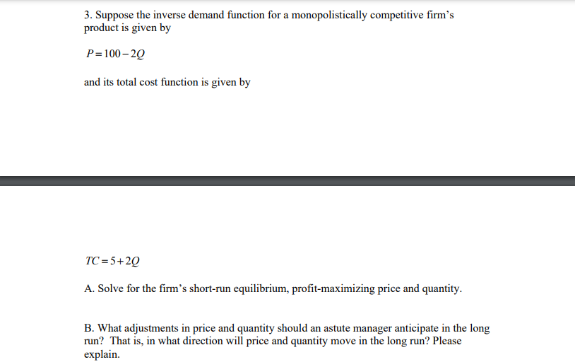 Solved 3. Suppose the inverse demand function for a