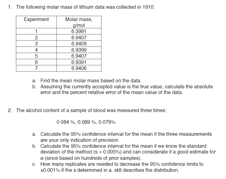 1. The following molar mass of lithium data was collected in 1910.
a. Find the mean molar mass based on the data.
b. Assuming