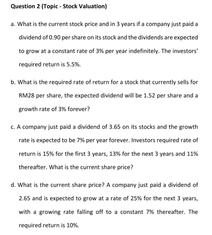 Solved Question 2 (Topic - Stock Valuation) a. What is the | Chegg.com