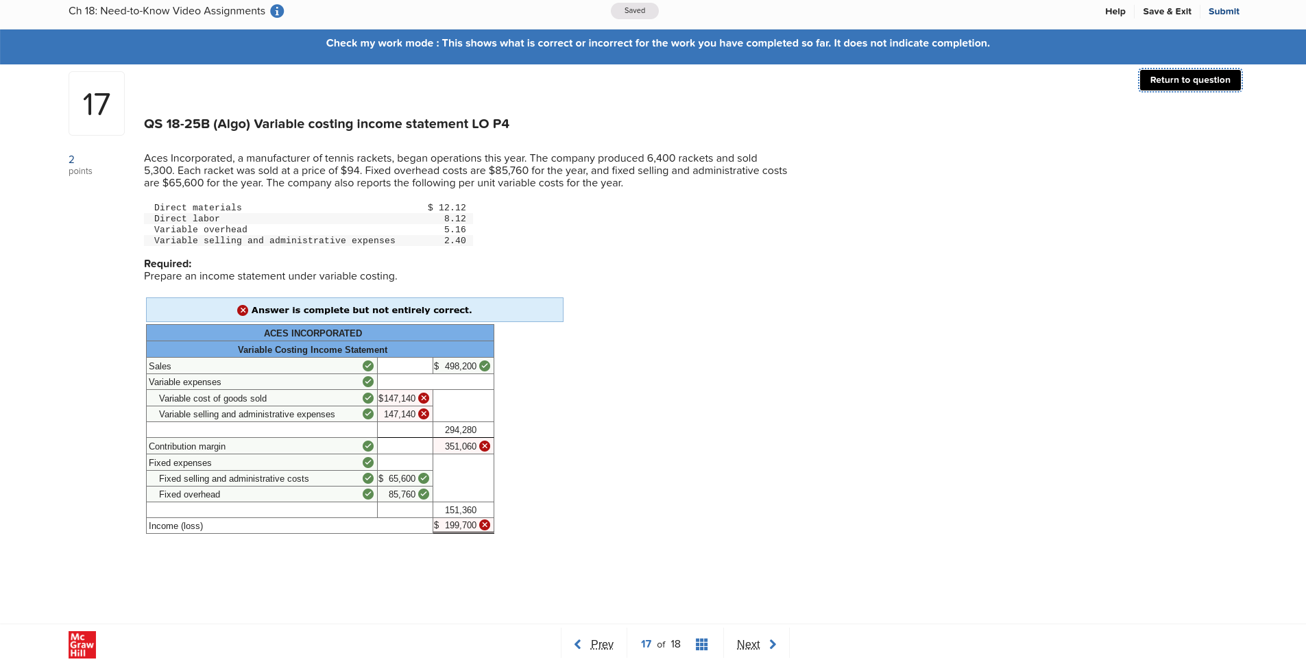 Solved QS 18-25B (Algo) Variable costing income statement LO