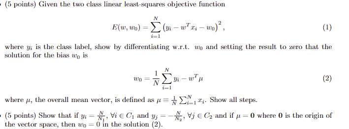 (5 points) Given the two class linear least-squares | Chegg.com