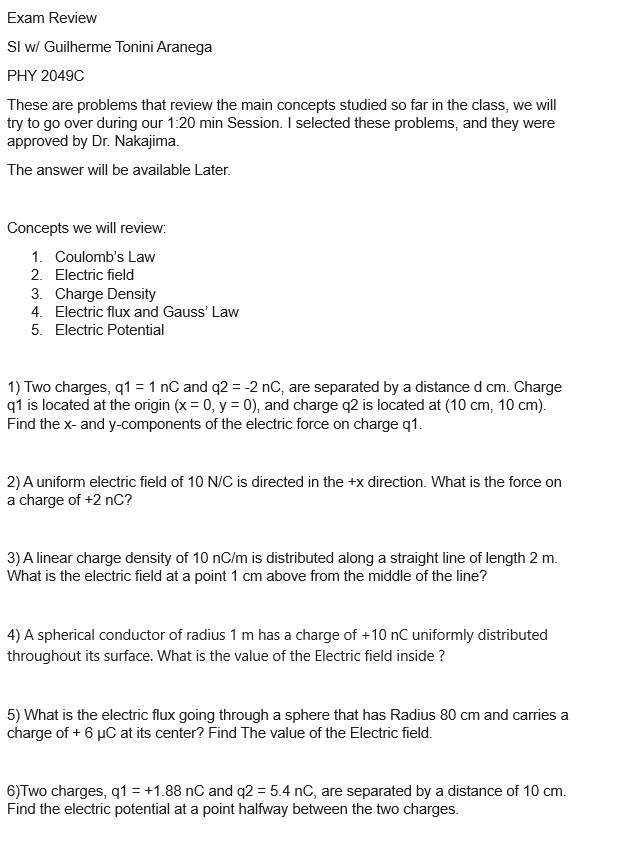 Solved Exam Review SI w/ Guilherme Tonini Aranega PHY 2049C | Chegg.com