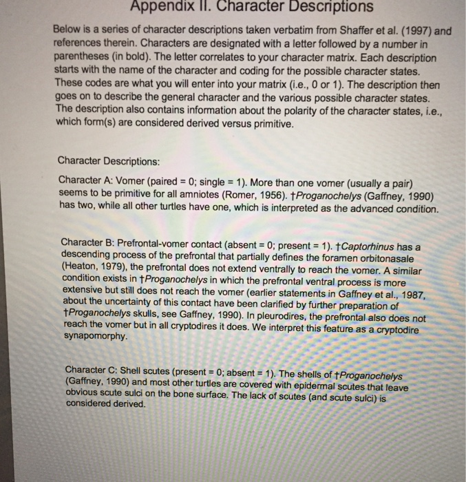 Appendix II. Character Descriptions Below is a series | Chegg.com