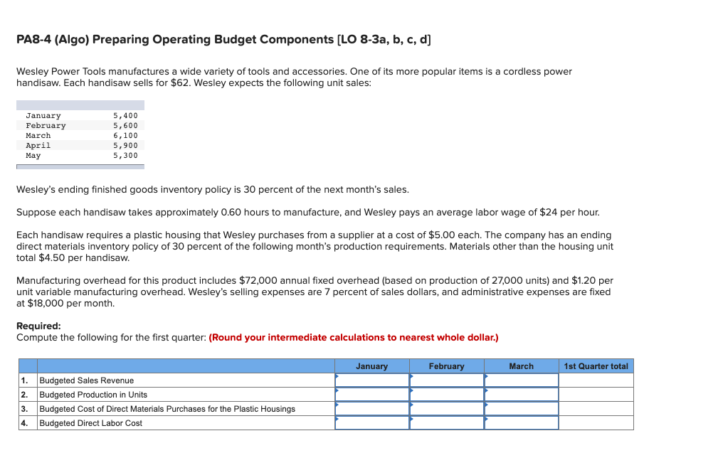 Solved PA8-4 (Algo) Preparing Operating Budget Components | Chegg.com