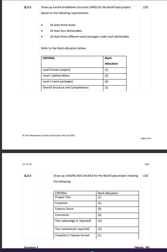 Solved Q.2.2 Draw up a work breakdown structure (WBS) for | Chegg.com
