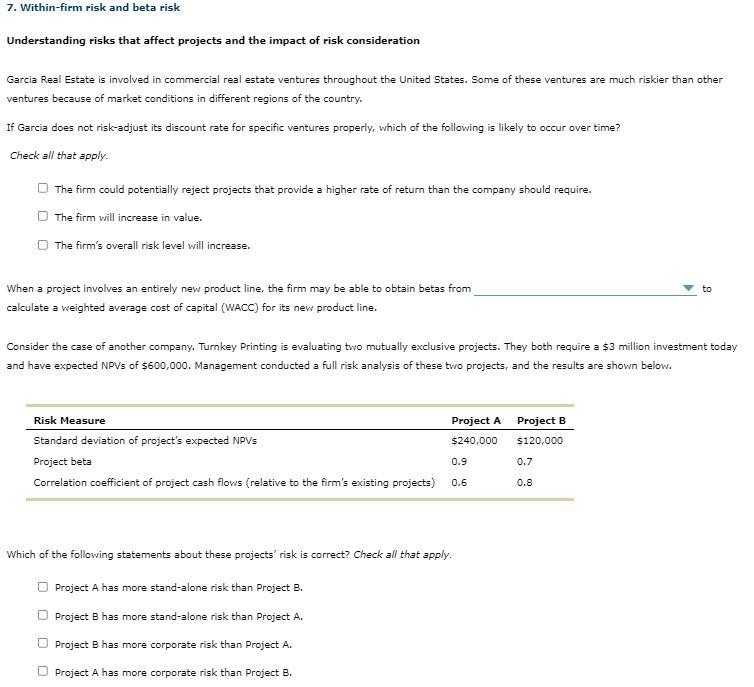 Solved 7. Within-firm Risk And Beta Risk Understanding Risks | Chegg.com