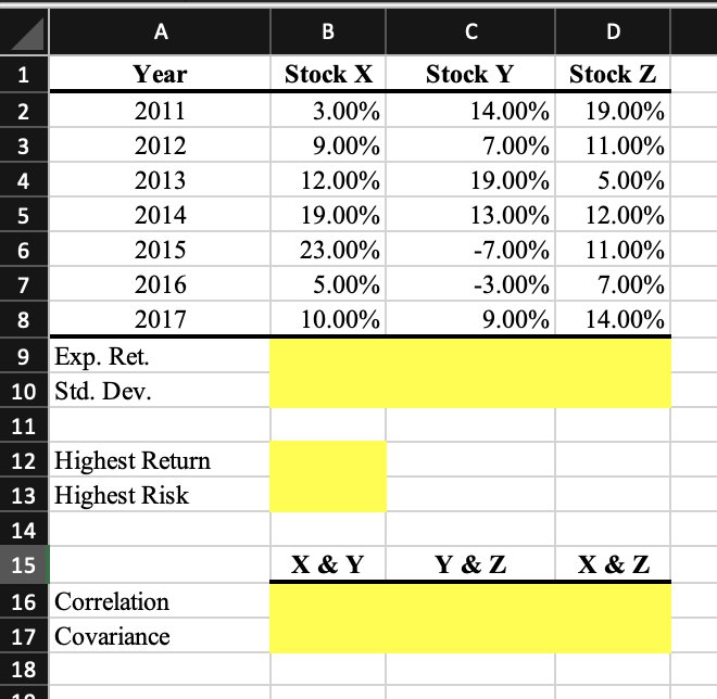 Solved A B C D Stock Y w N 4 Stock X 3.00% 9.00% 12.00% | Chegg.com