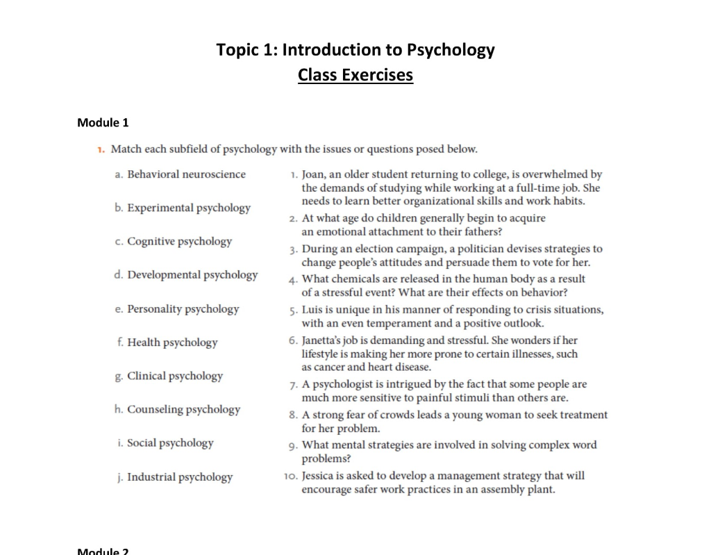 Solved Topic 1: Introduction to Psychology Class Exercises Chegg com