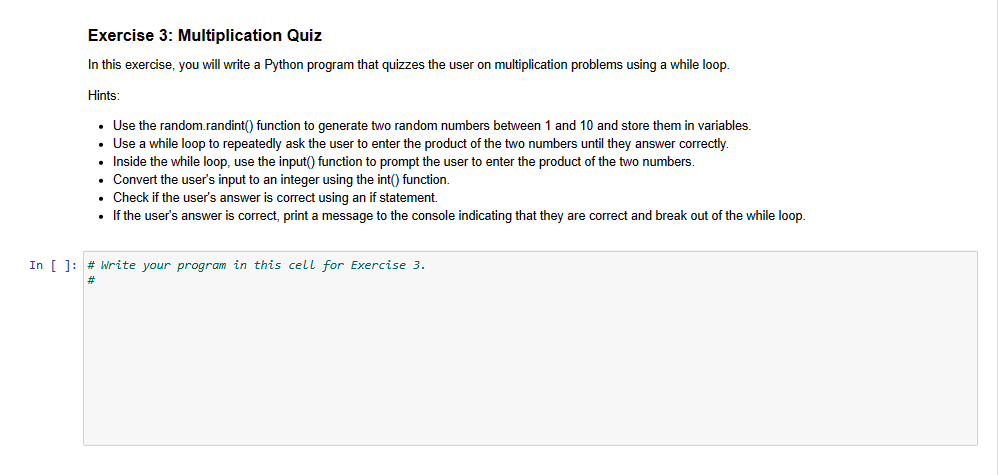 Solved Exercise 3: Multiplication Quiz In this exercise, you | Chegg.com