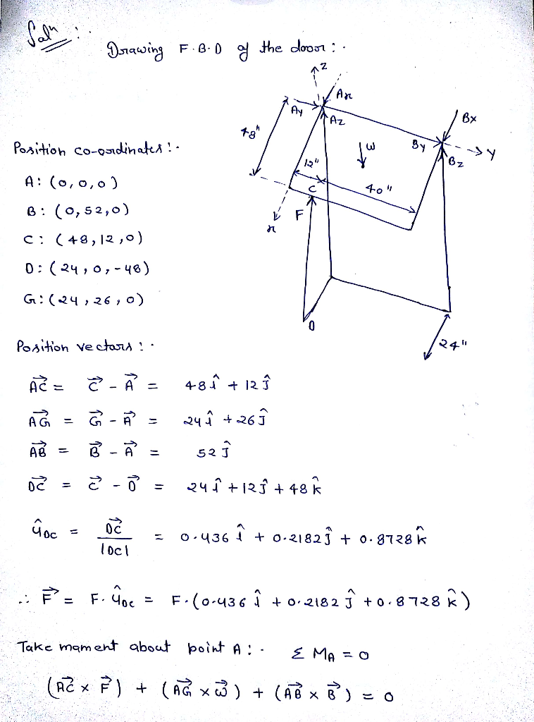 3d Equilibrium The 50 Lb Rectangular Access Door Is Held In The 90 Open Position By The Single Prop Cd As Shown In The Figure Determine The Force F In The Prop And