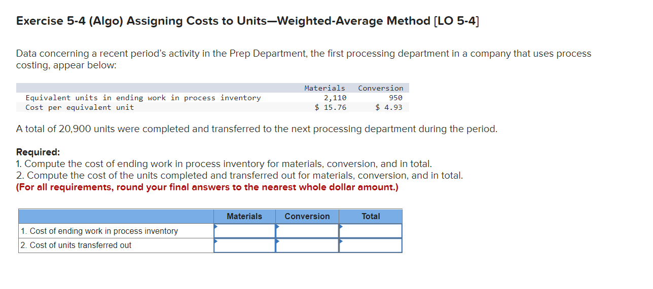 Solved Exercise 5-4 (Algo) Assigning Costs to Units-Weighted | Chegg.com