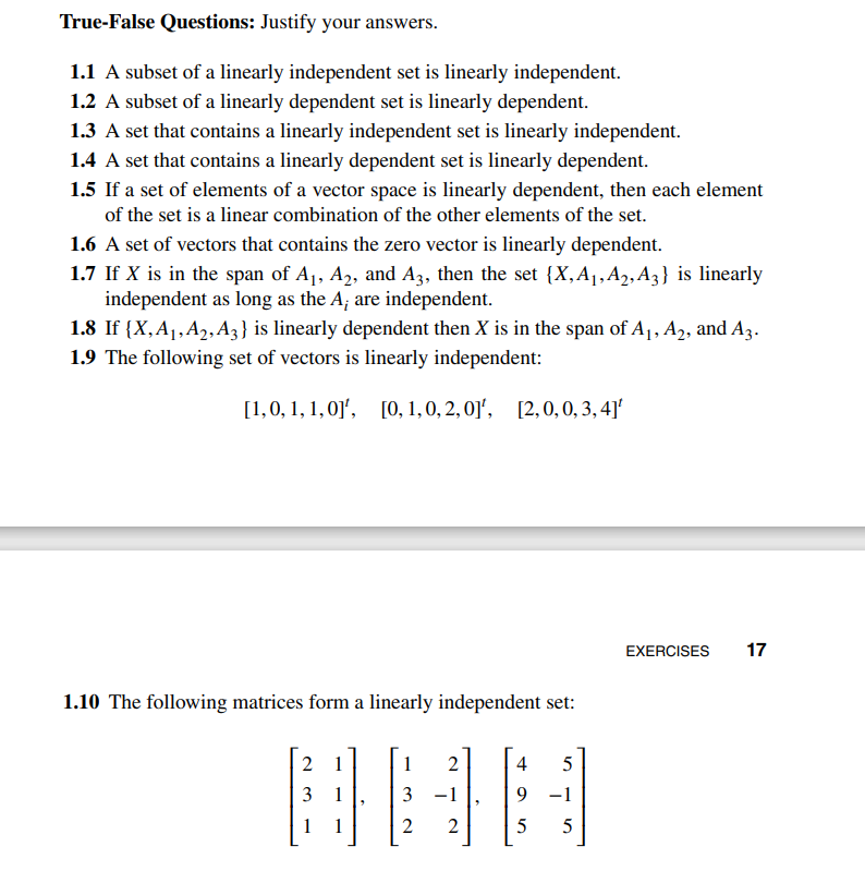 Solved True-False Questions: Justify your answers. 1.1 A | Chegg.com