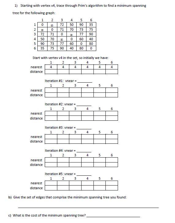 Solved 1) Starting with vertex v4, trace through Prim's | Chegg.com