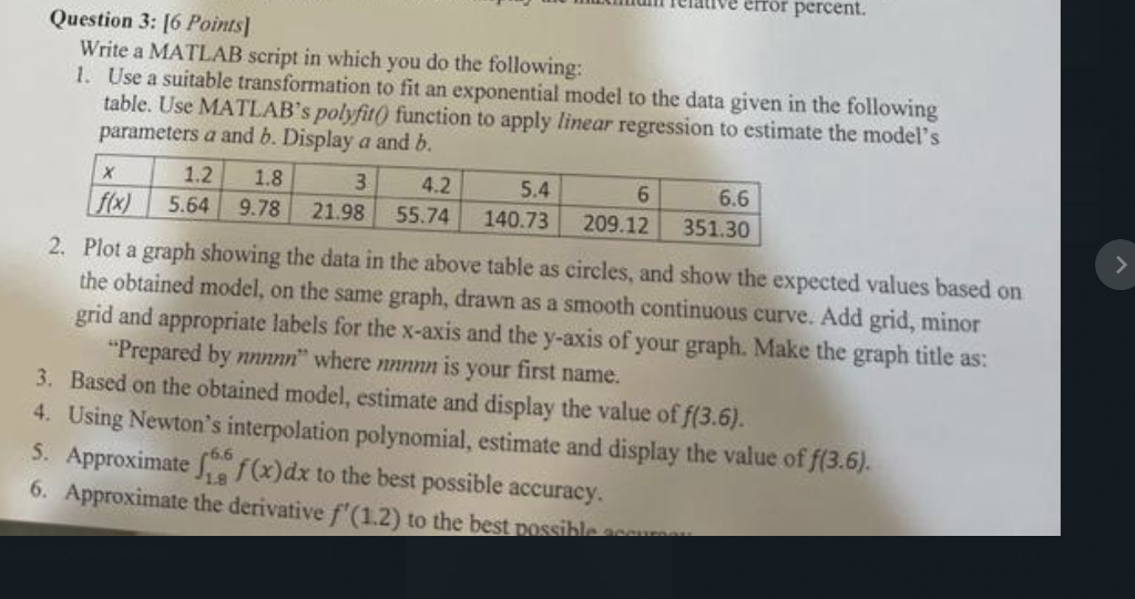 Solved error percent Question 3: 16 Points] Write a MATLAB | Chegg.com