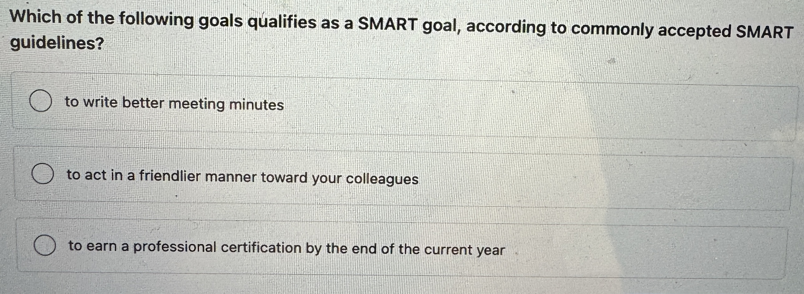 Solved Which of the following goals qualifies as a SMART | Chegg.com