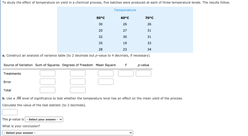 Solved To study the effect of temperature on yield in a | Chegg.com