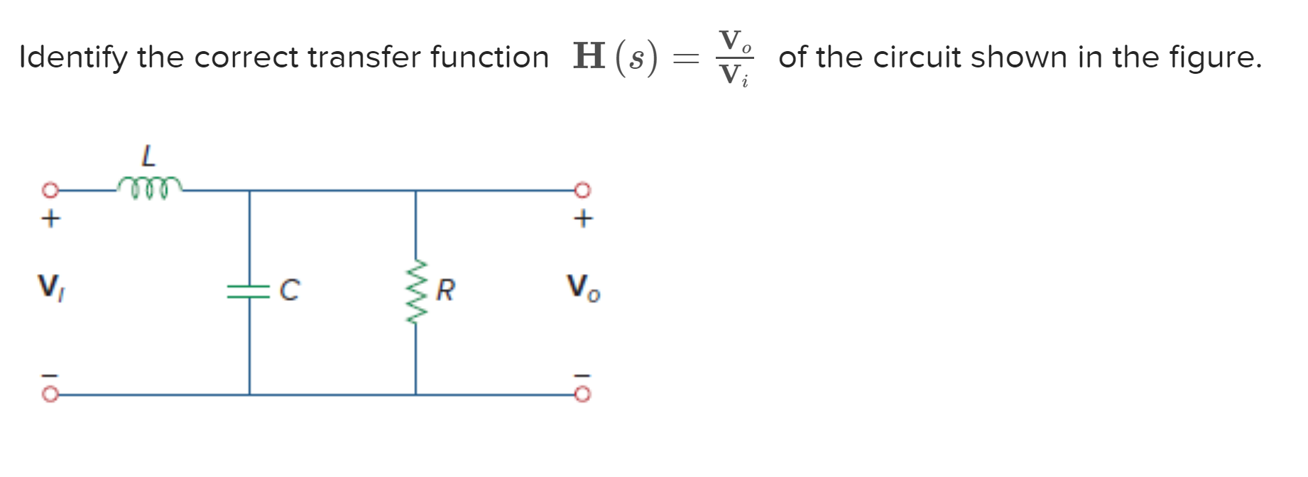 Solved Identify the correct transfer function H(s)=ViVo of | Chegg.com
