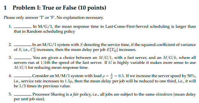 Solved 1 Problem l: True or False (10 points) Please only | Chegg.com
