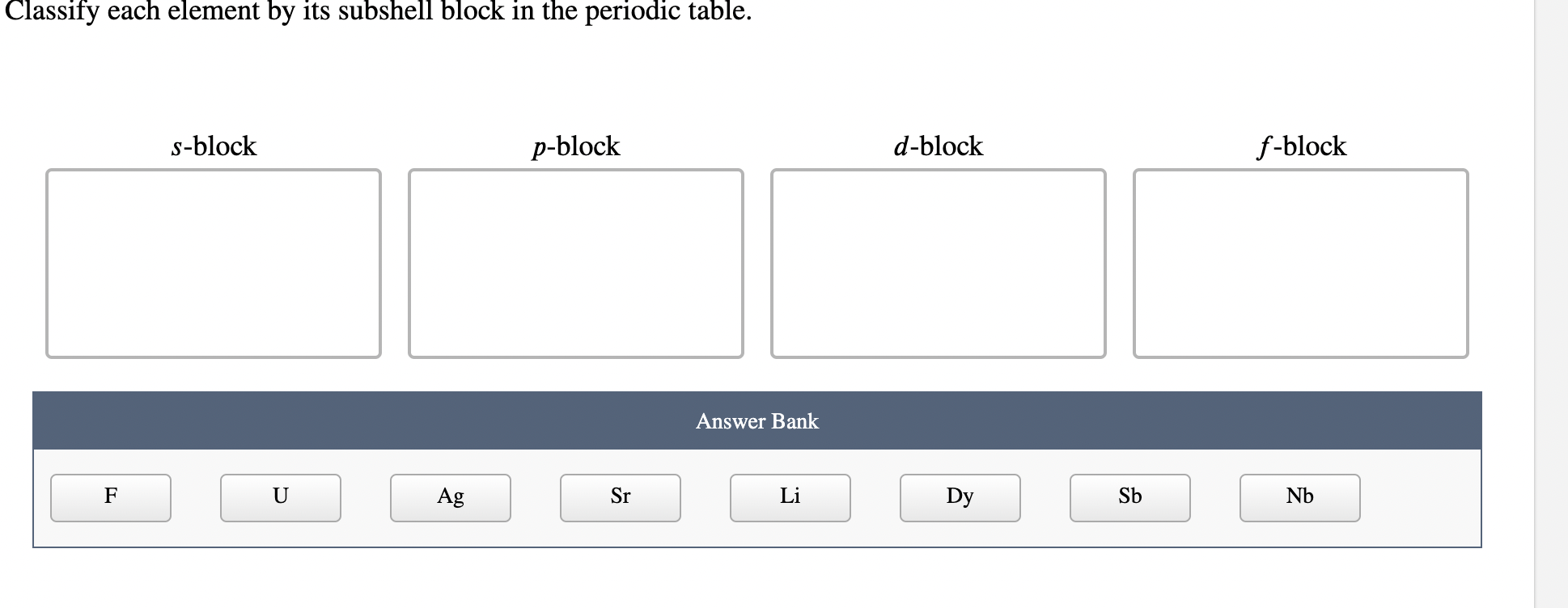 Solved Classify each element by its subshell block in the