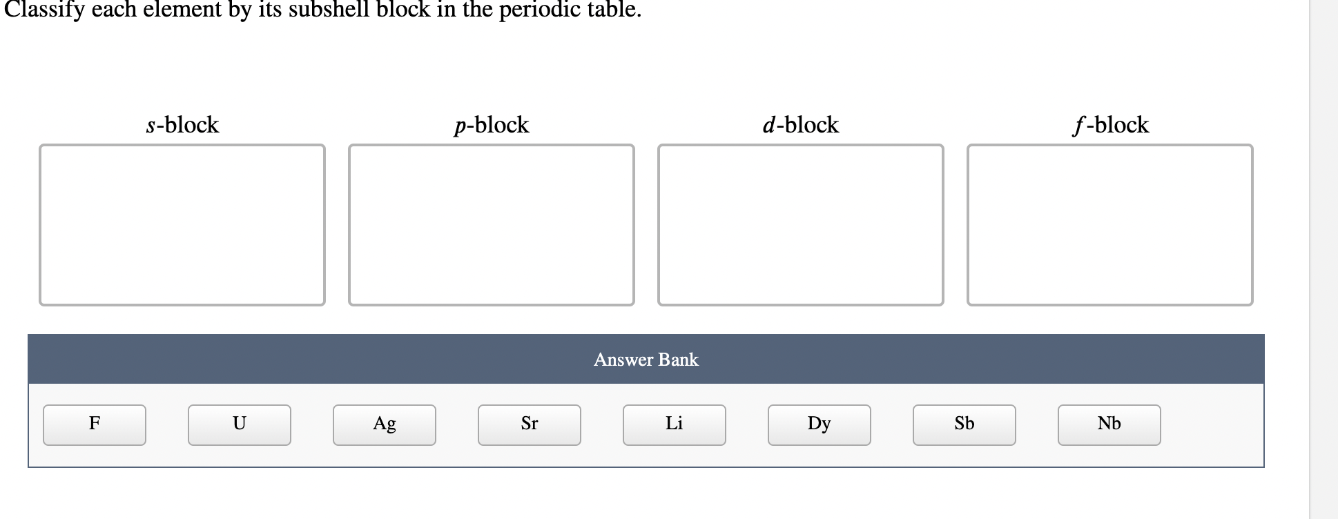 Solved Classify each element by its subshell block in the | Chegg.com