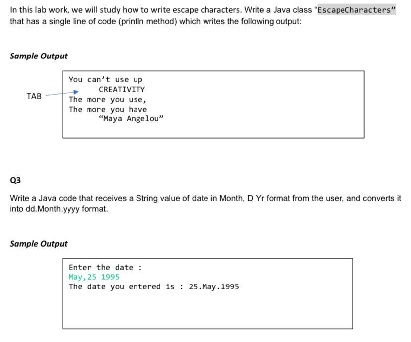 Solved In this lab work, we will study how to write escape | Chegg.com