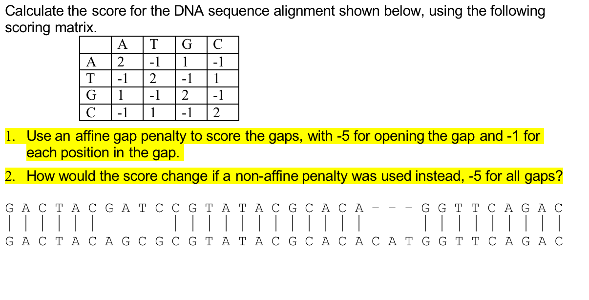 Solved Calculate the score for the DNA sequence alignment | Chegg.com