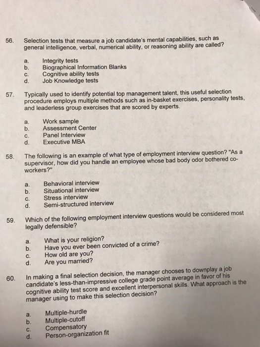 Solved 56. Selection tests that measure a job candidate's