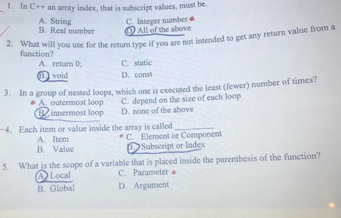 Solved 1. In C++ an array index, that is subscript values, | Chegg.com