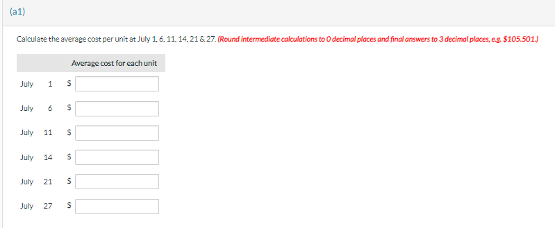 Solved Calculate the average cost per unit at July | Chegg.com
