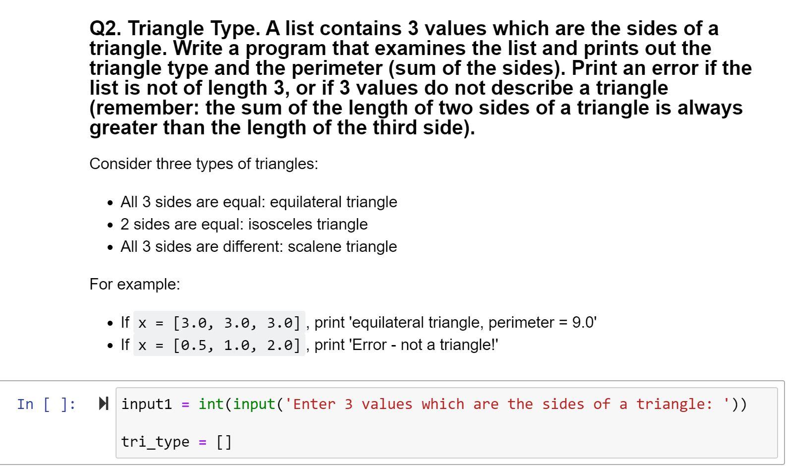 Solved Q2. Triangle Type. A list contains 3 values which are | Chegg.com