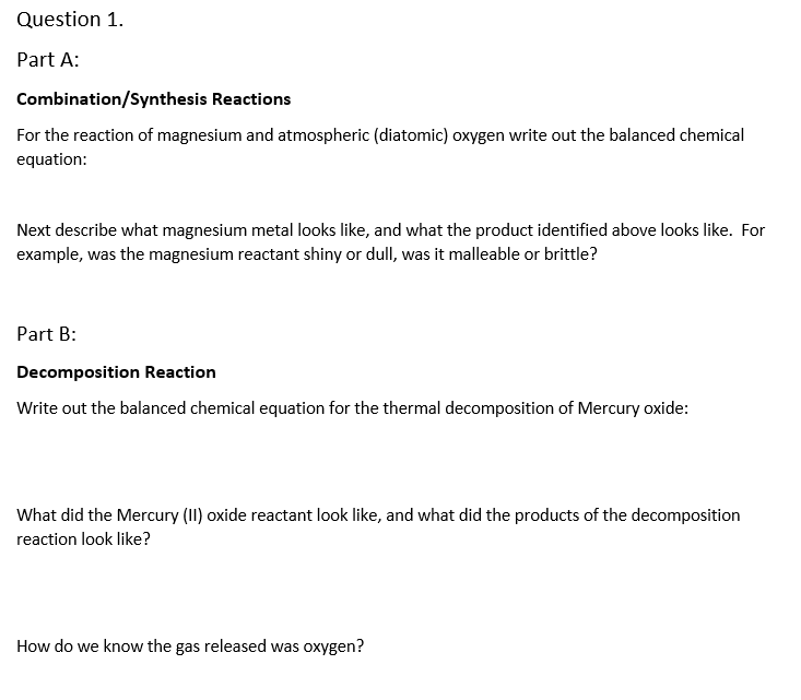 Solved Question 1. Part A Combination/Synthesis Reactions