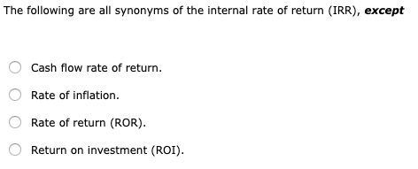 Solved The following are all synonyms of the internal rate | Chegg.com