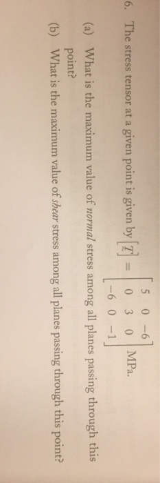 Solved 5 0 -6 6. The stress tensor at a given point is given | Chegg.com