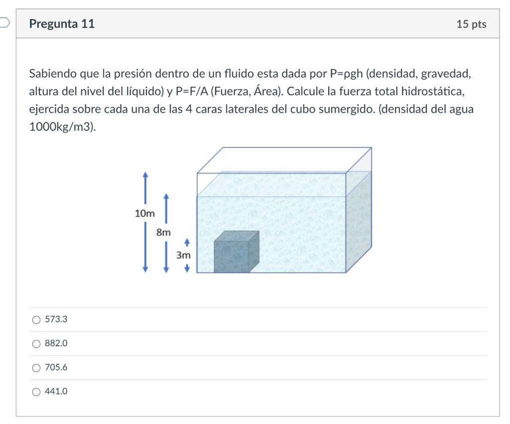 Sabiendo que la presión dentro de un fluido esta dada por \( \mathrm{P}=\rho g \) (densidad, gravedad, altura del nivel del l