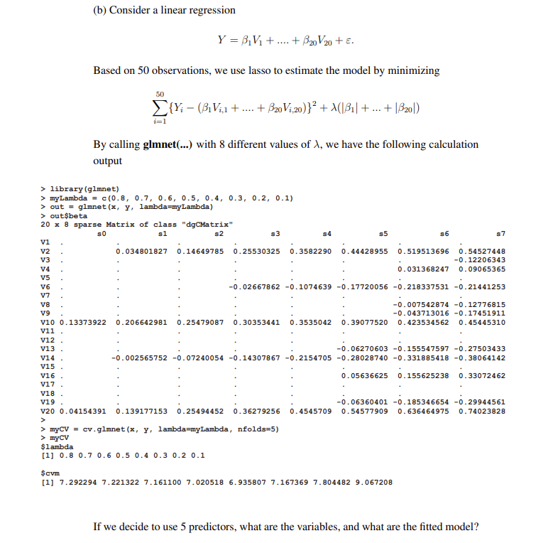 Solved (6) Consider A Linear Regression Y = B.V. + + B20V20 | Chegg.com