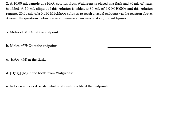 Solved 2. A 10.00 mL sample of a H2O2 solution from | Chegg.com