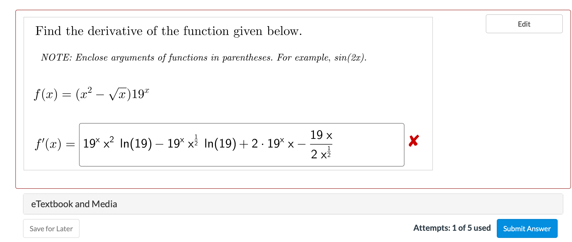 Solved Edit Find the derivative of the function given below. | Chegg.com