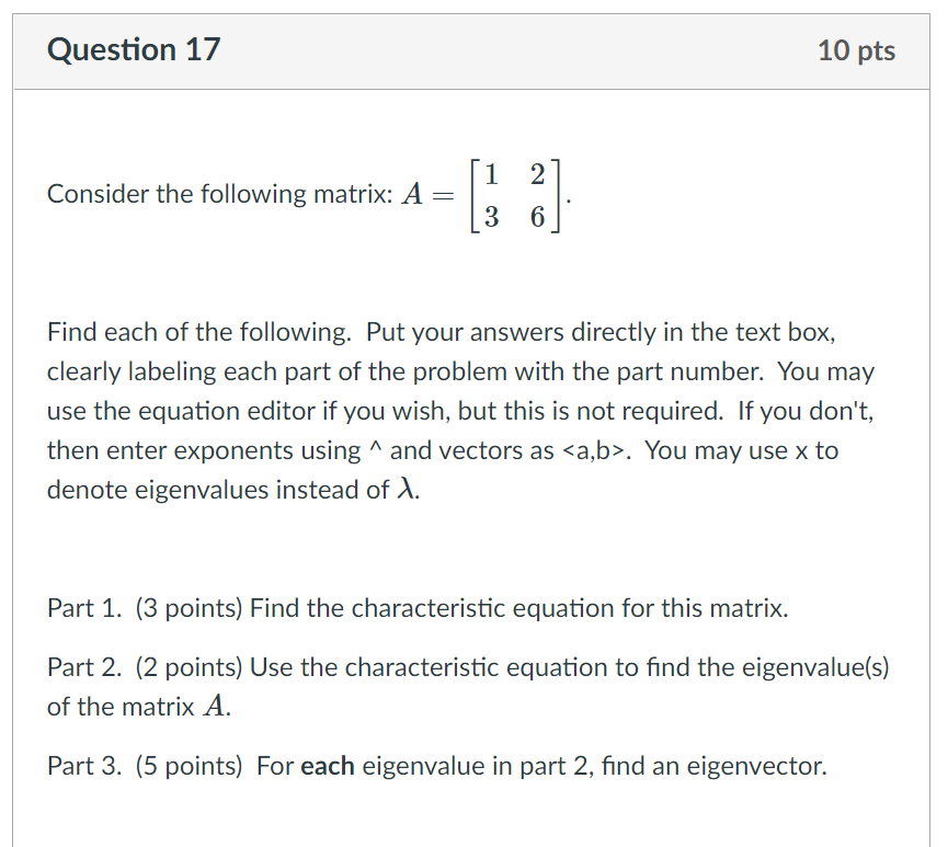 Solved Question 17 10 pts Consider the following matrix: A= | Chegg.com