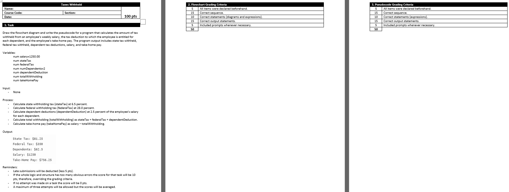 Solved Taxes Withheld Name: Course Code: Date: Section: 100 | Chegg.com