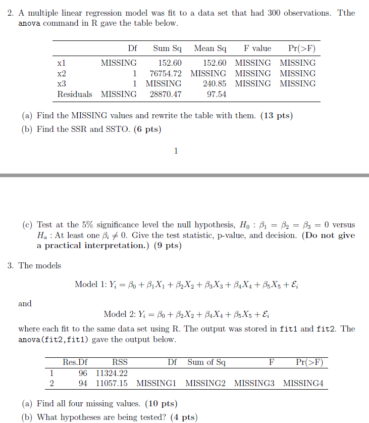 Solved 2. A multiple linear regression model was fit to a | Chegg.com