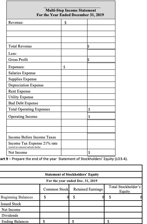 Multi-Step income statement for the year ended december 31, 2019 revenue: total revenue less: gross profit expenses: salaries