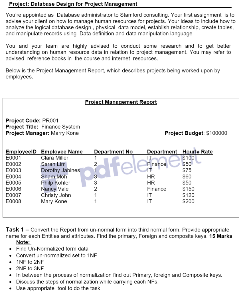 Project: Database Design for Project Management
Youre appointed as Database administrator to Stamford consulting. Your first