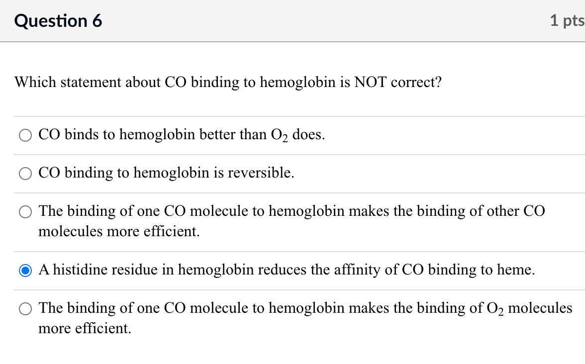 Solved Which statement about CO binding to hemoglobin is NOT