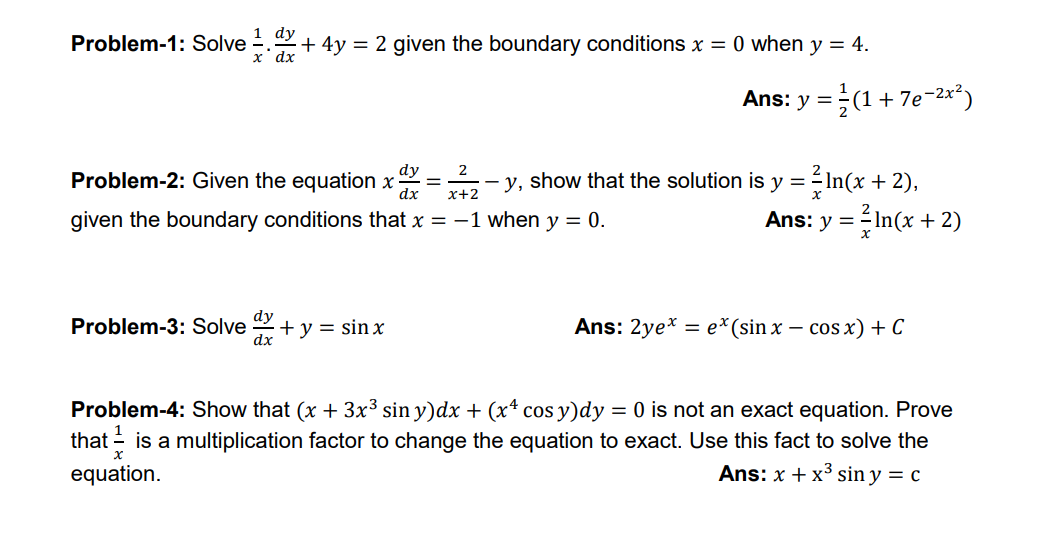 Solved 1 dy dx Problem-1: Solve 5 ax + 4y = 2 given the | Chegg.com